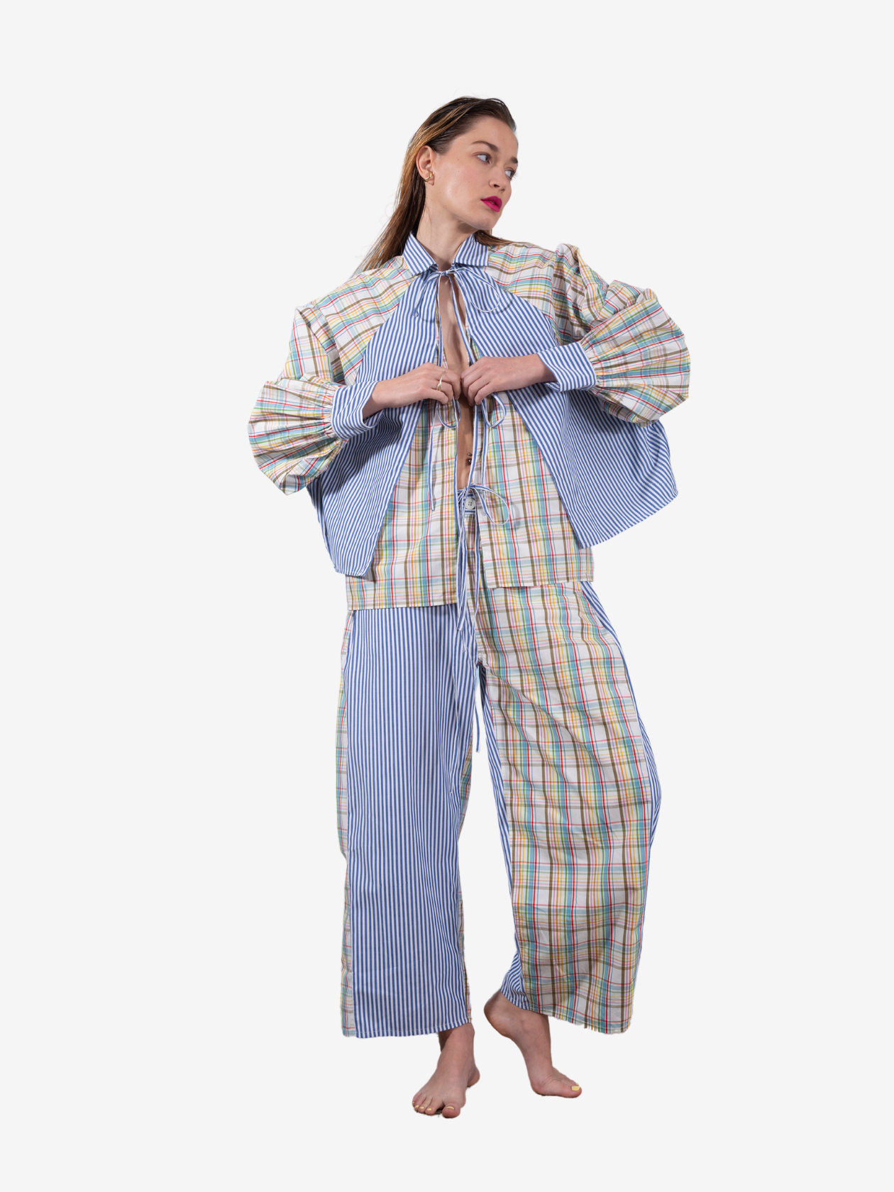 Blouse bleue tartan et rayures SATYA