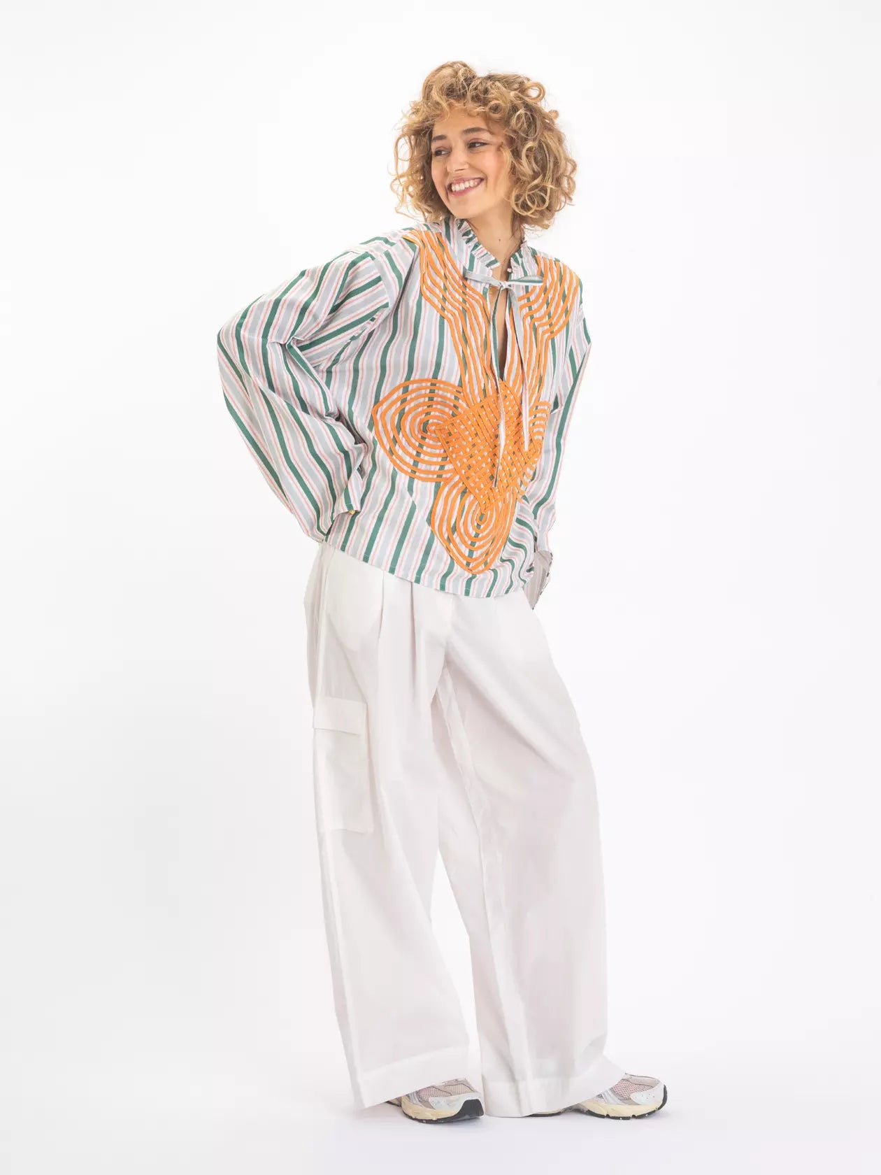 Blouse à rayures oranges brodée GANGA