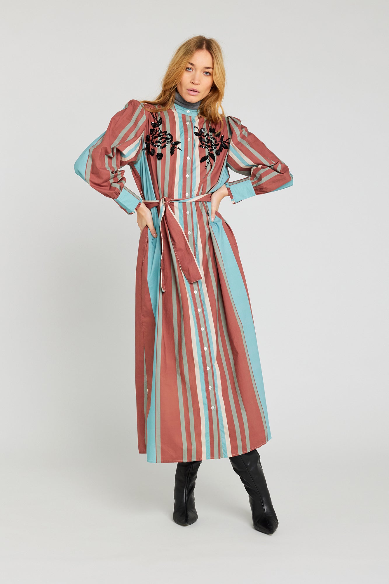 HAPPY Blue Striped Beaded Dress
