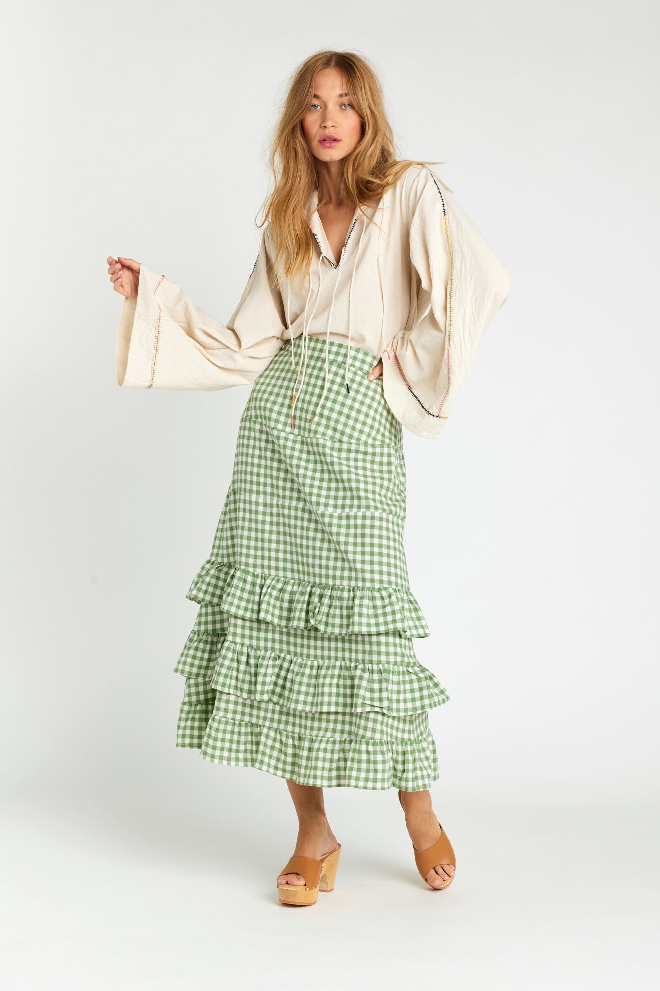 Long blue or green gingham skirt