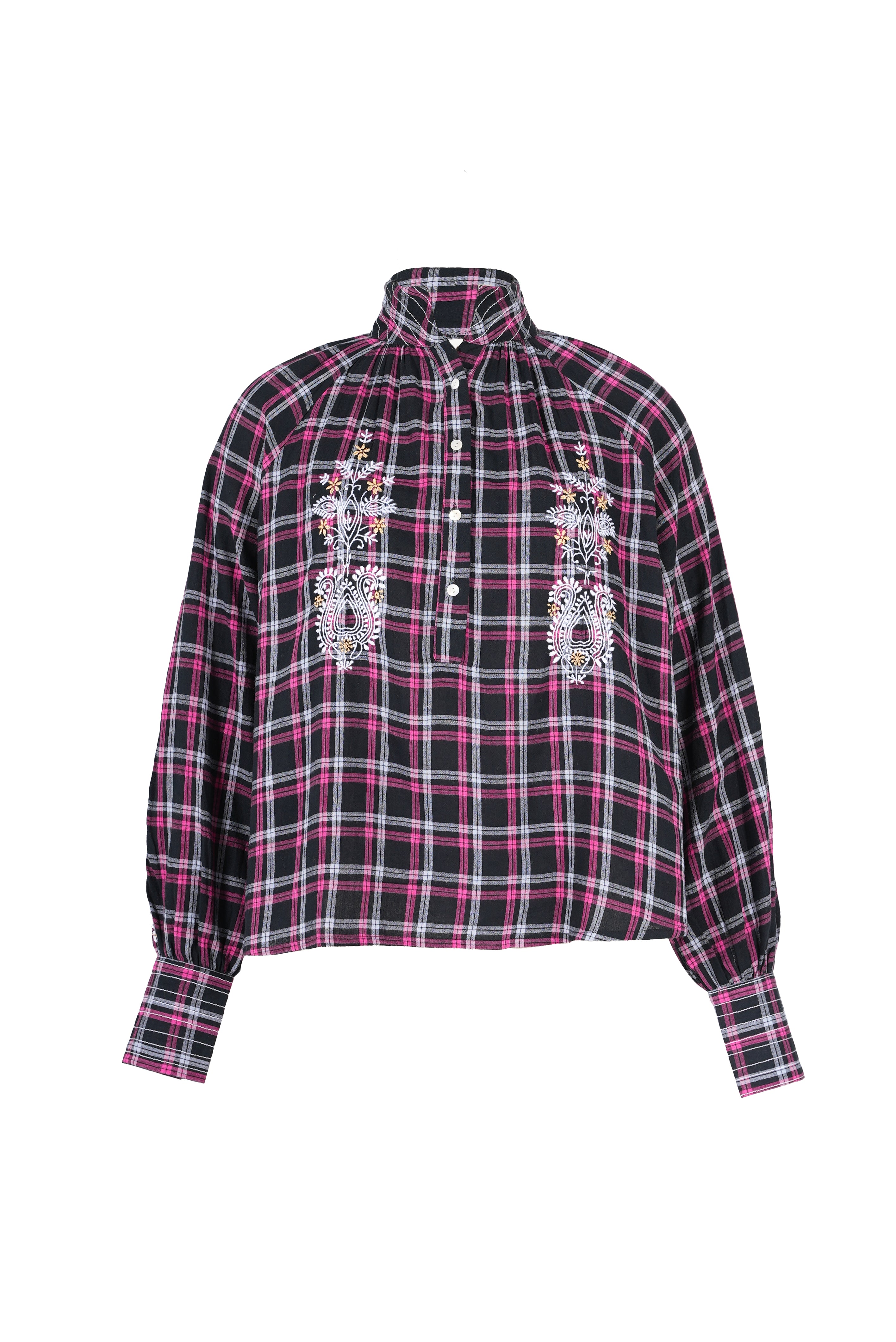 Blouse tartan noir et rose brodée SURPRISE