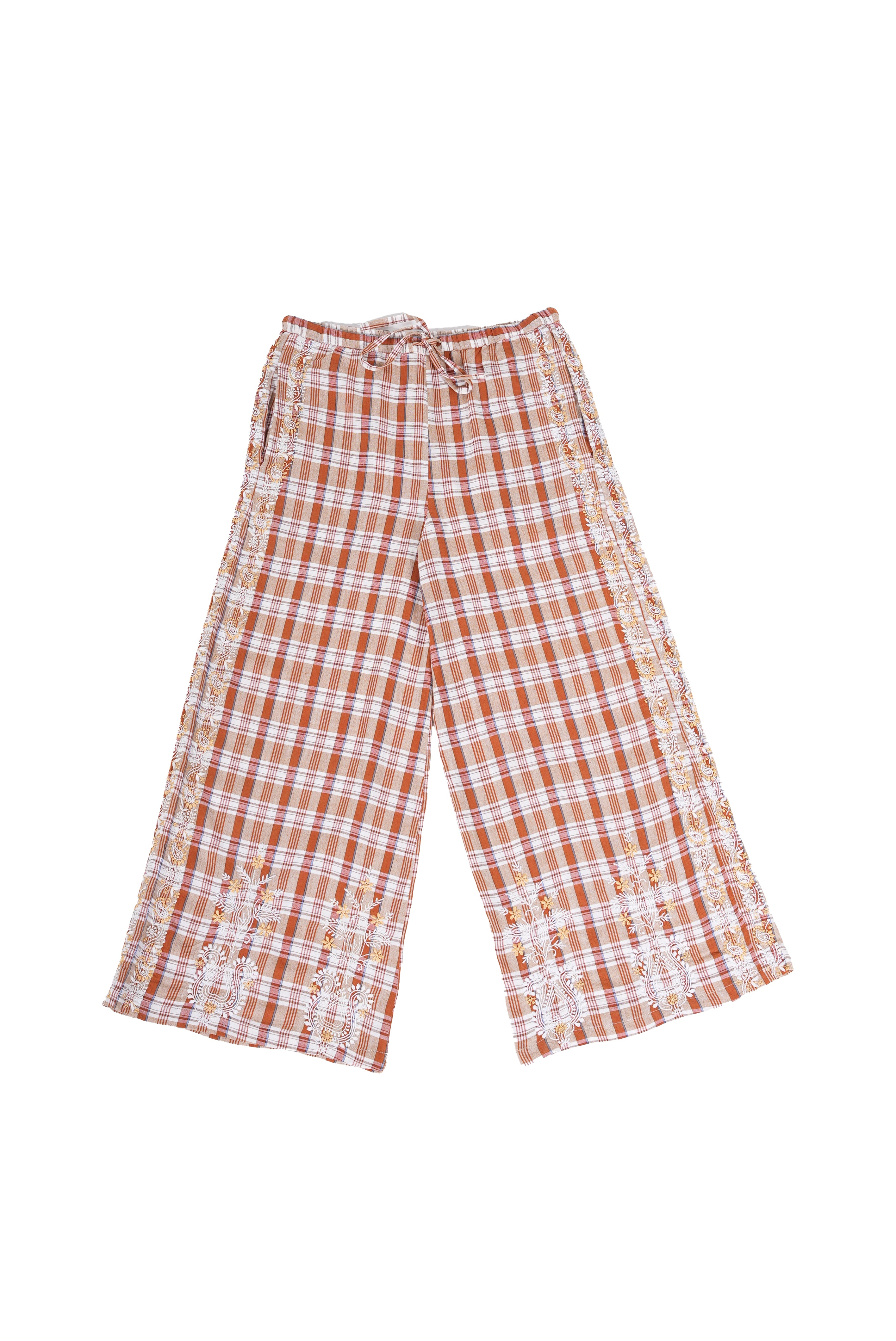 SURPRISE embroidered black and pink tartan pants