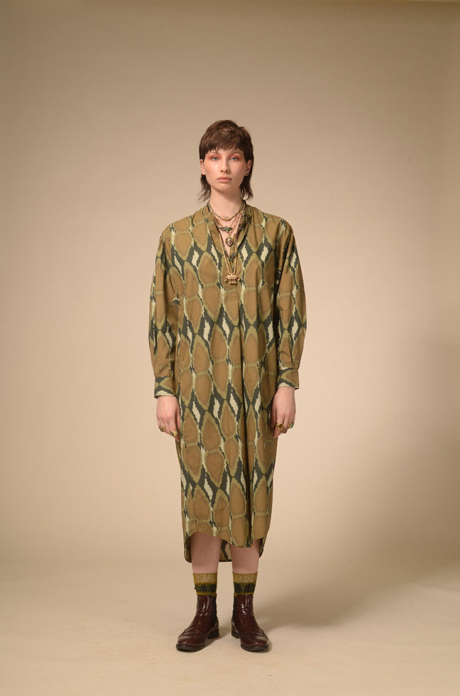 Khaki Ikat printed cotton dress