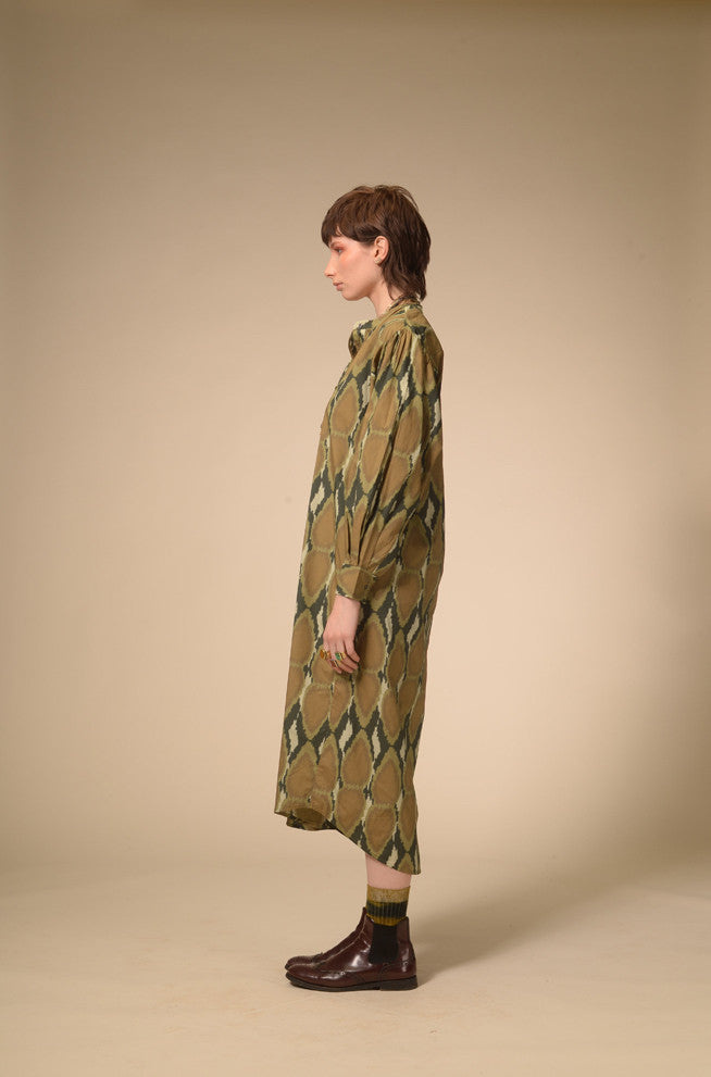 Khaki Ikat printed cotton dress