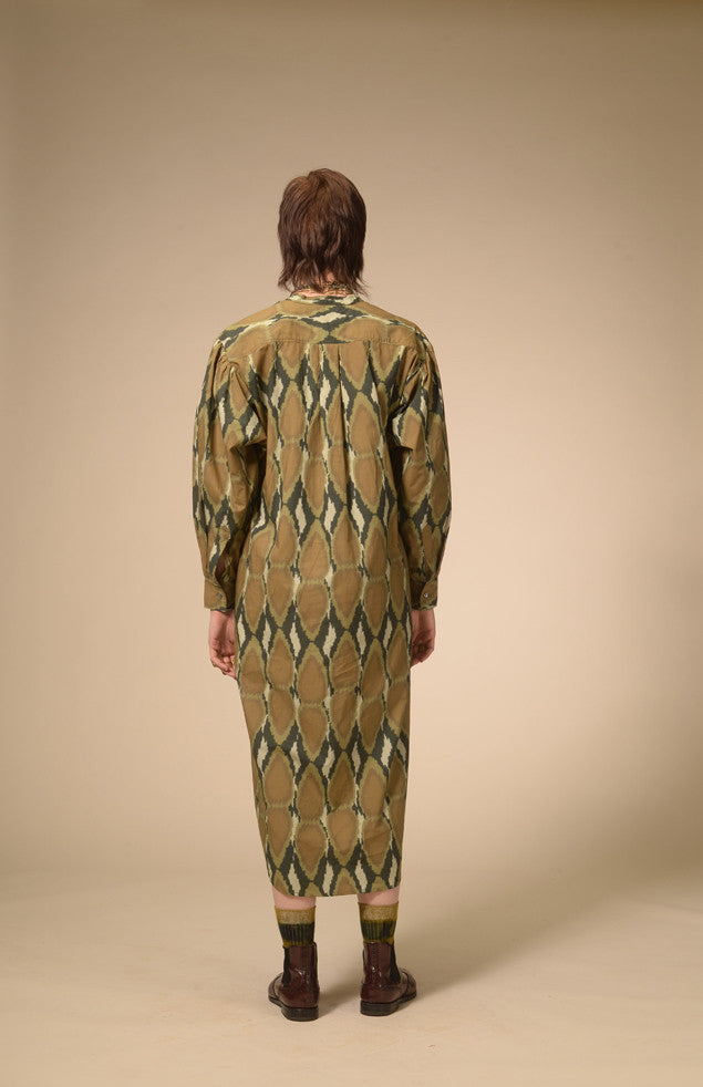 Khaki Ikat printed cotton dress