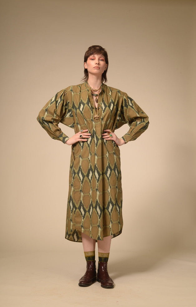 Khaki Ikat printed cotton dress