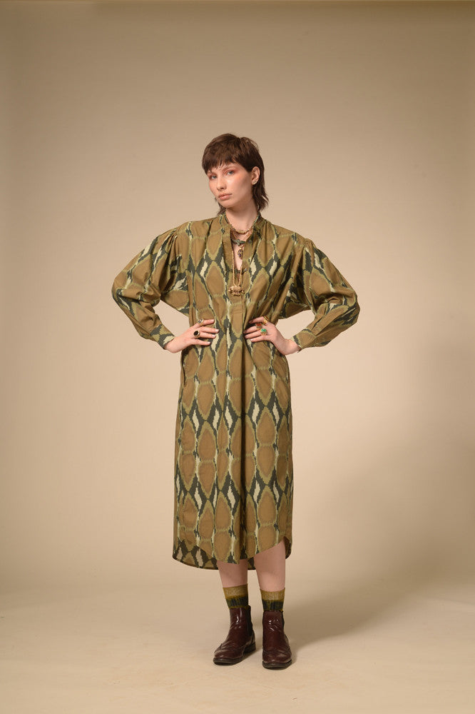 Khaki Ikat printed cotton dress