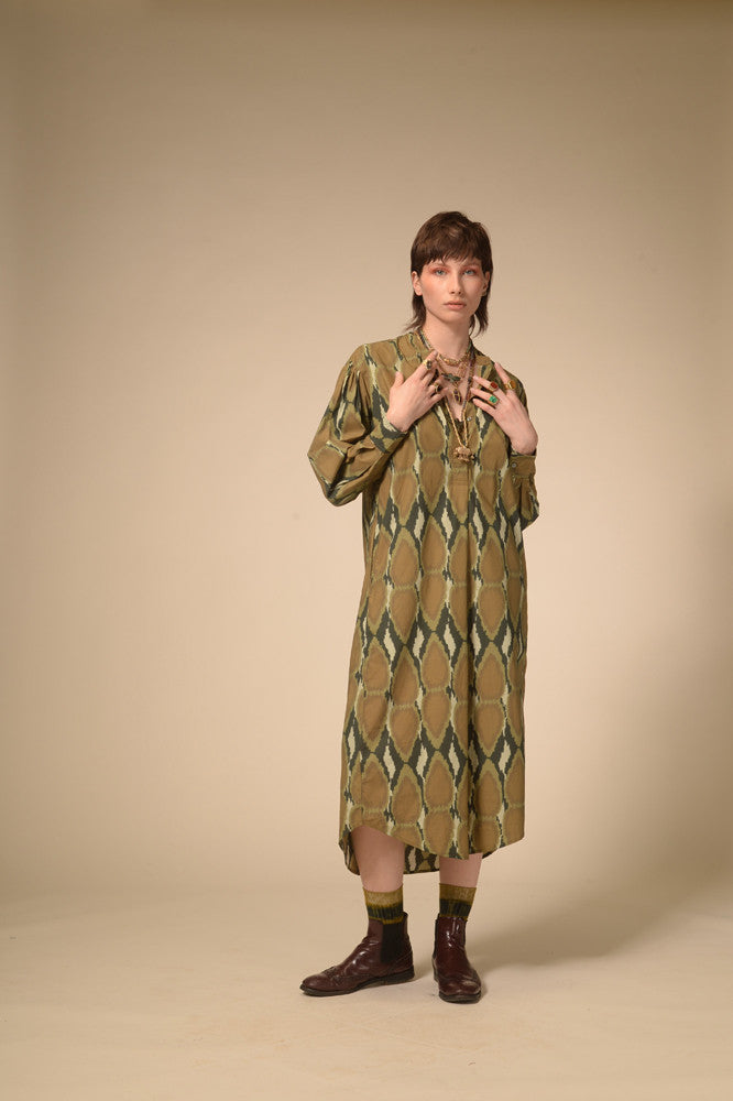Khaki Ikat printed cotton dress