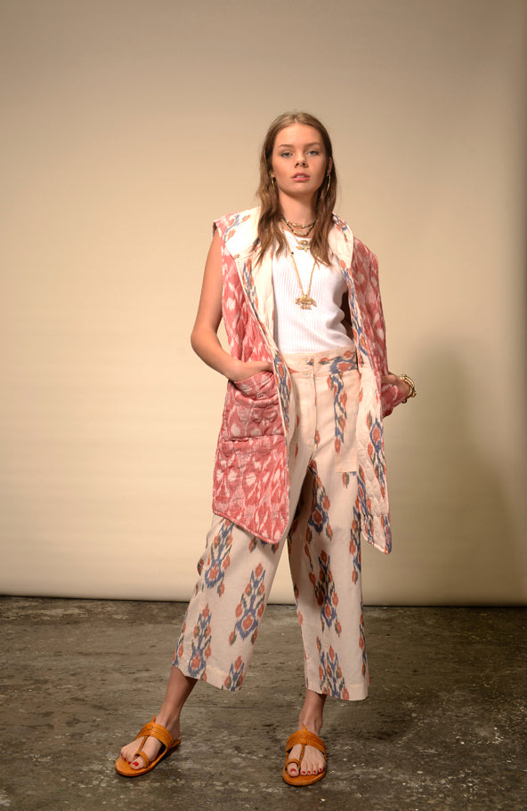 Kimono sans manches réversible crème rose Ikat