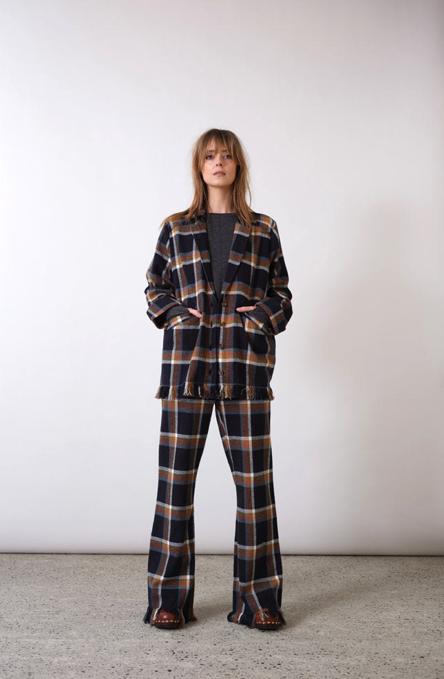 Fringed black tartan overshirt