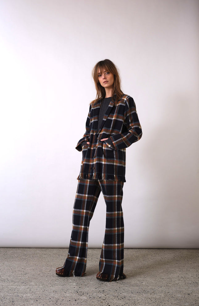 Fringed black tartan overshirt