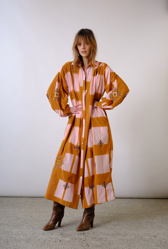 Palm cream and curry tie and dye dress