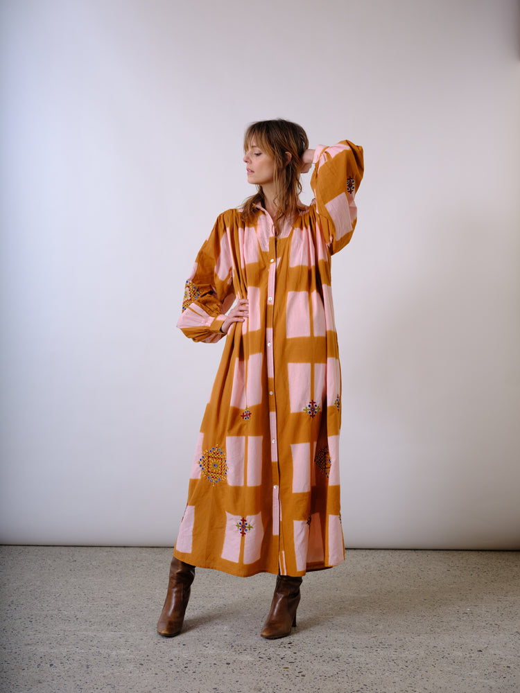 Palm cream and curry tie and dye dress