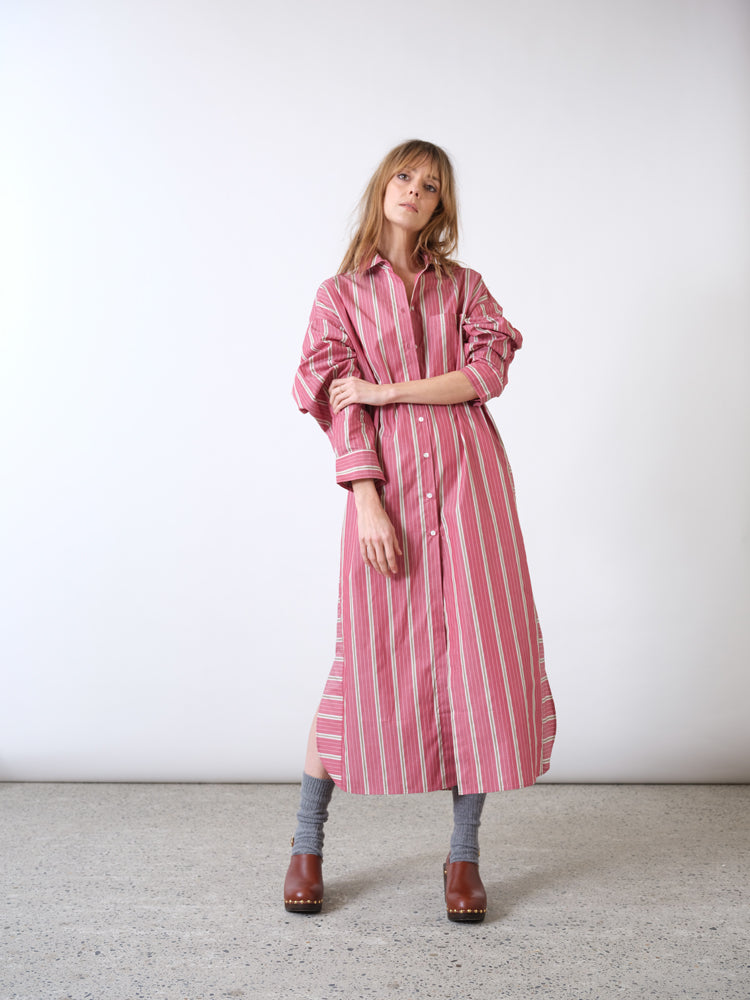 Billie khaki or pink striped shirt dress