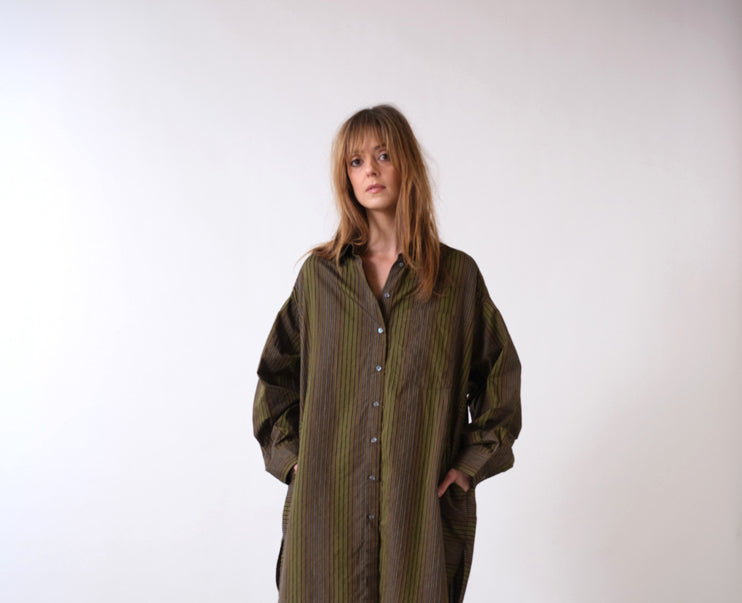 Billie khaki or pink striped shirt dress