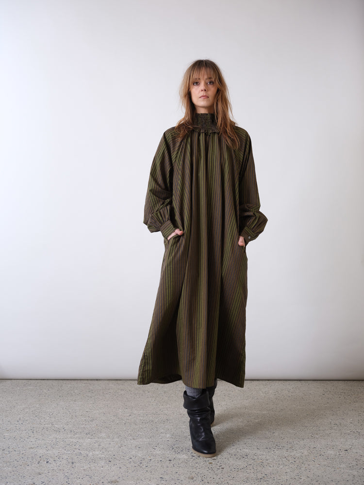 Billie Khaki Striped Mock Neck Dress