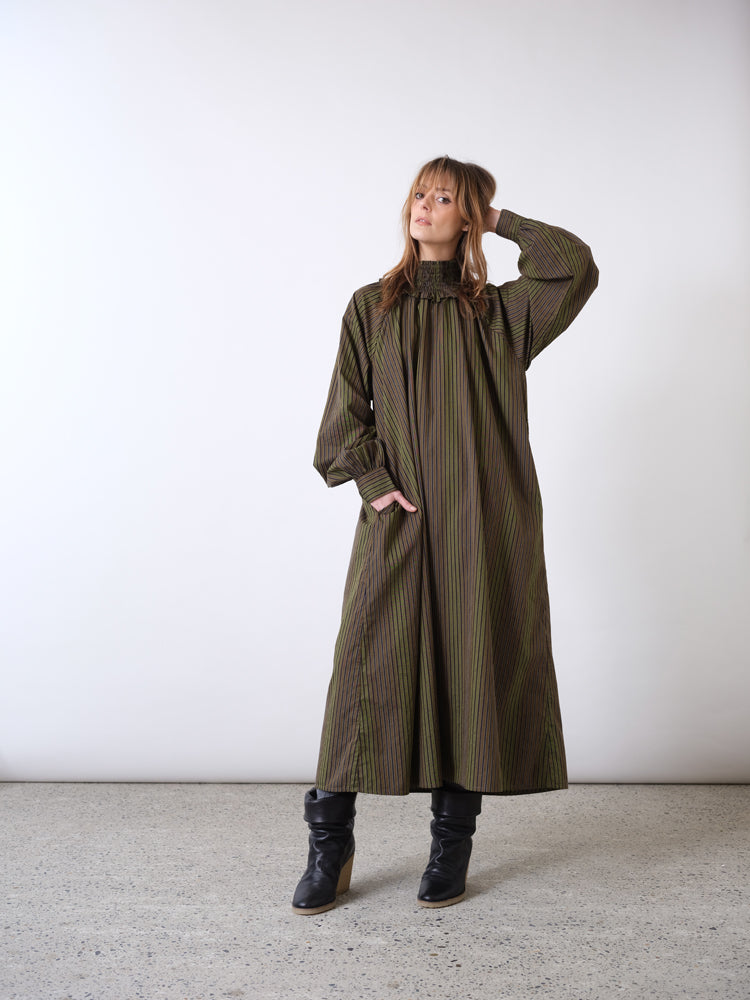 Billie Khaki Striped Mock Neck Dress