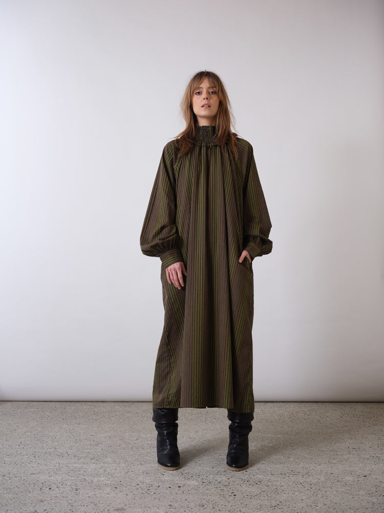 Billie Khaki Striped Mock Neck Dress