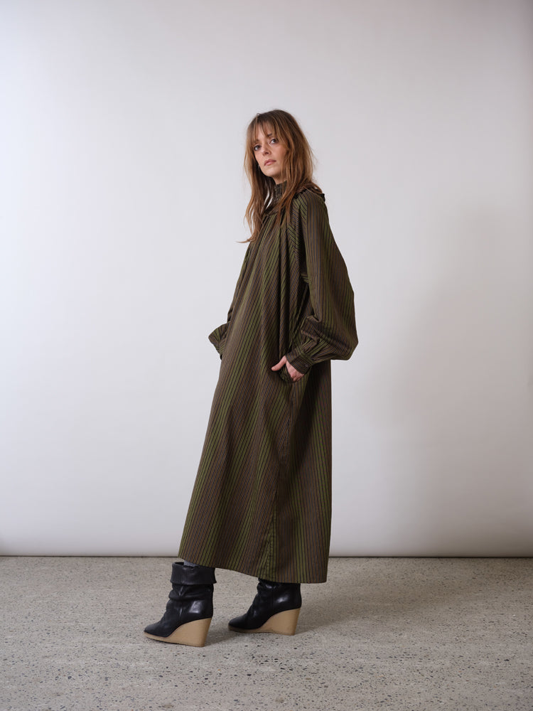 Billie Khaki Striped Mock Neck Dress
