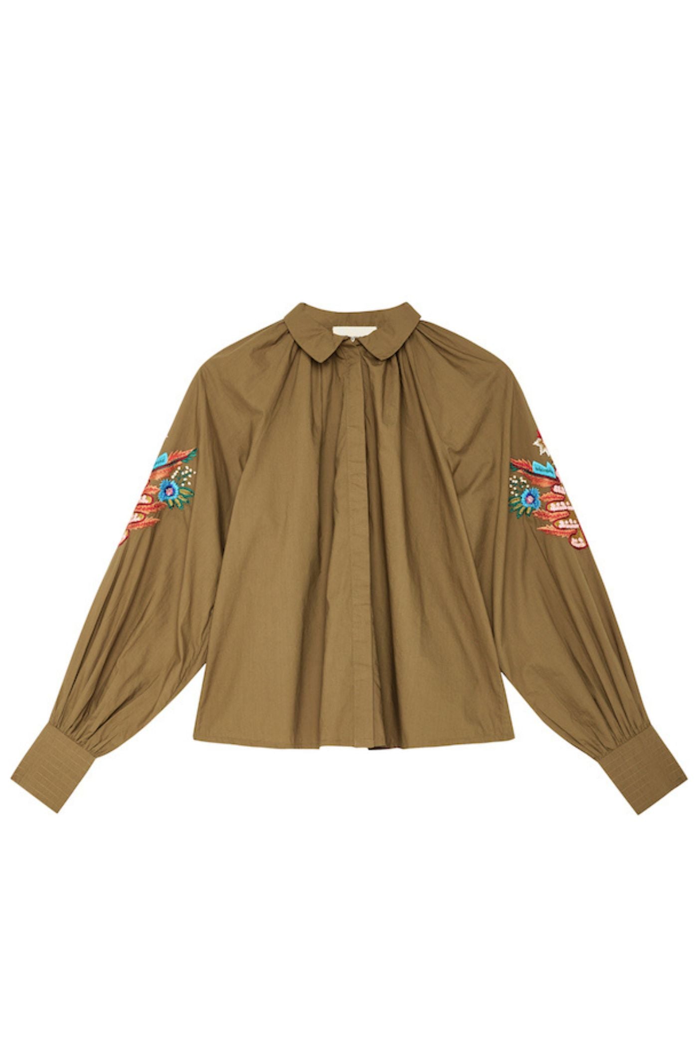 Lily khaki blouse with embroidered sleeves