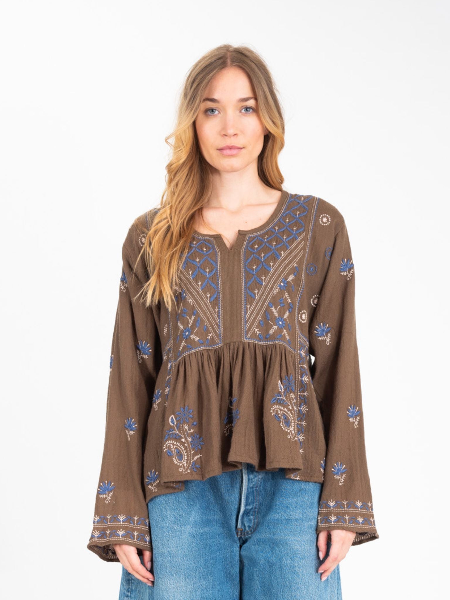 HIPPY embroidered khaki blouse