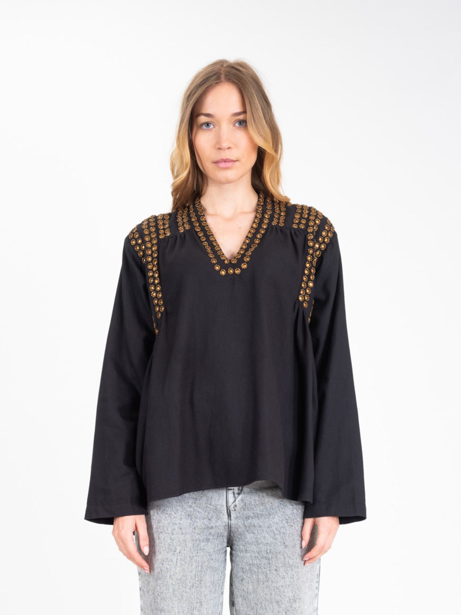 Black blouse decorated with BLING gold sequins