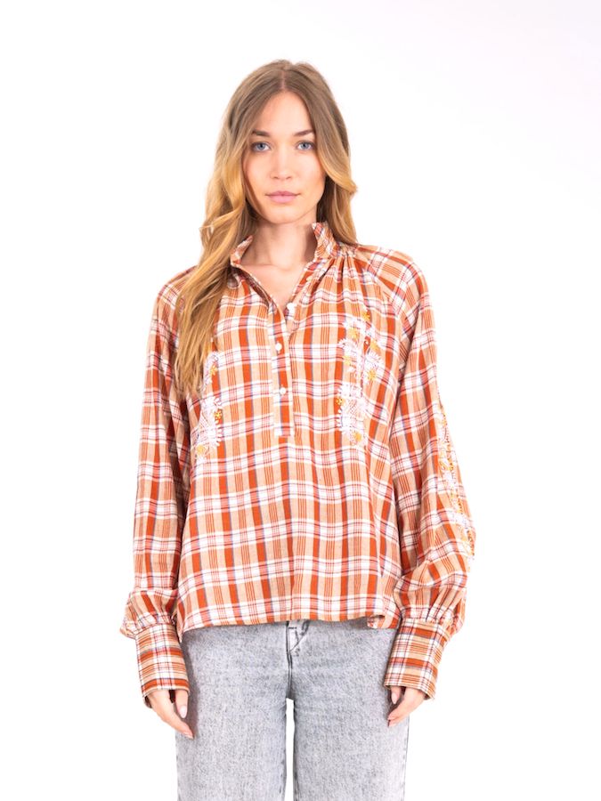 SURPRISE embroidered brick and camel tartan blouse