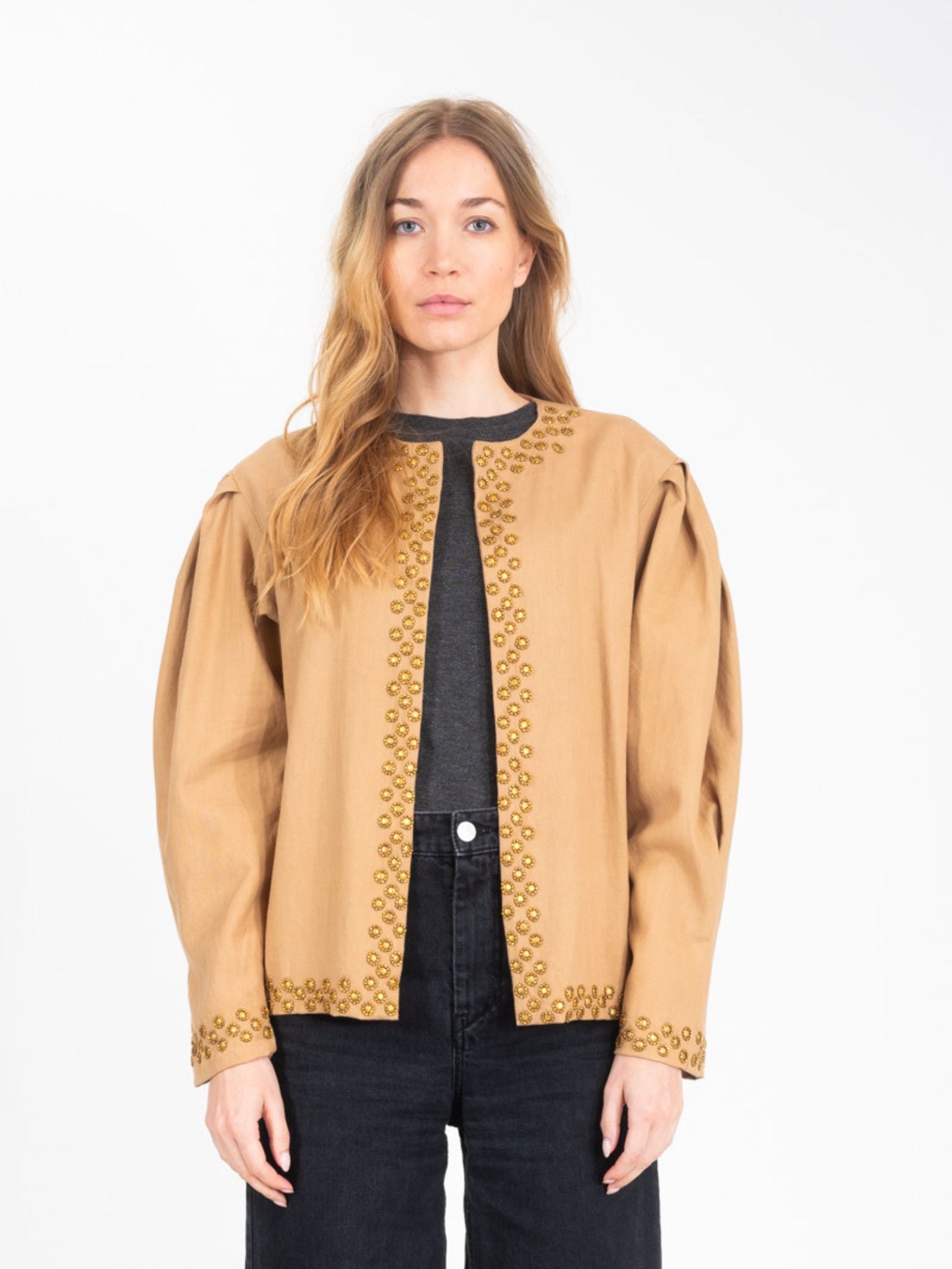 Camel jacket decorated with gold Bling sequins