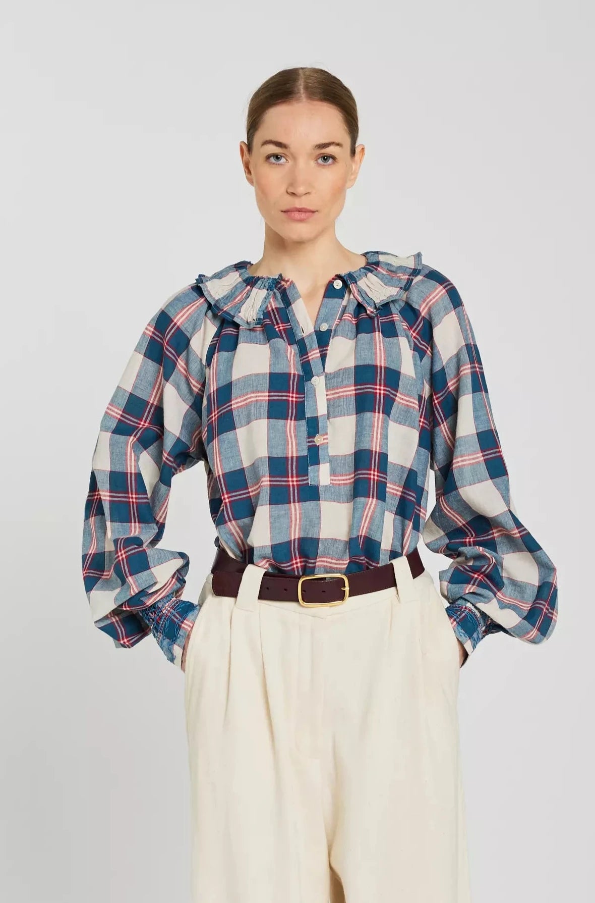 col v de vinster bleue blouse tartan 
