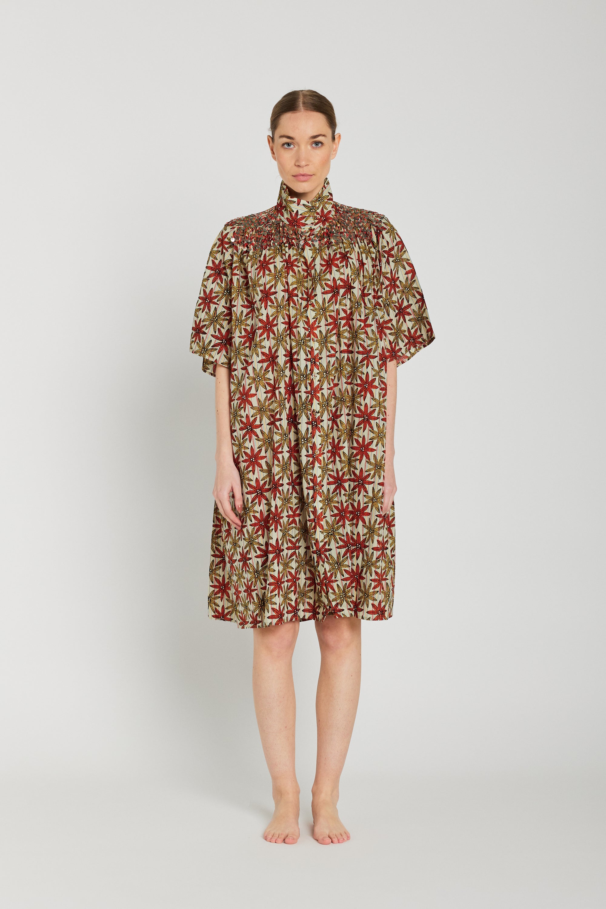 BHUMI brick-colored floral tassel short dress