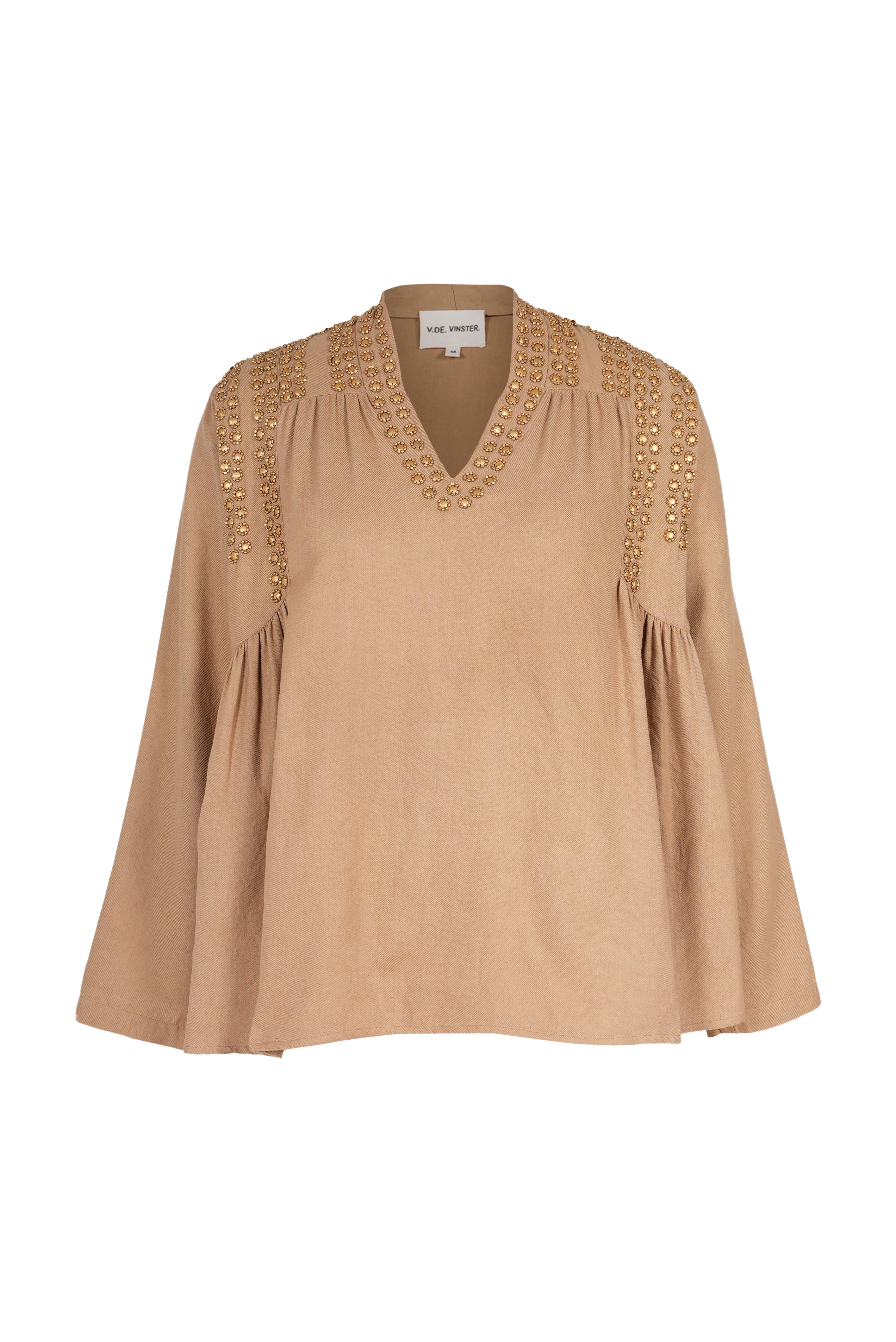 Blouse camel ornée de sequins dorés BLING