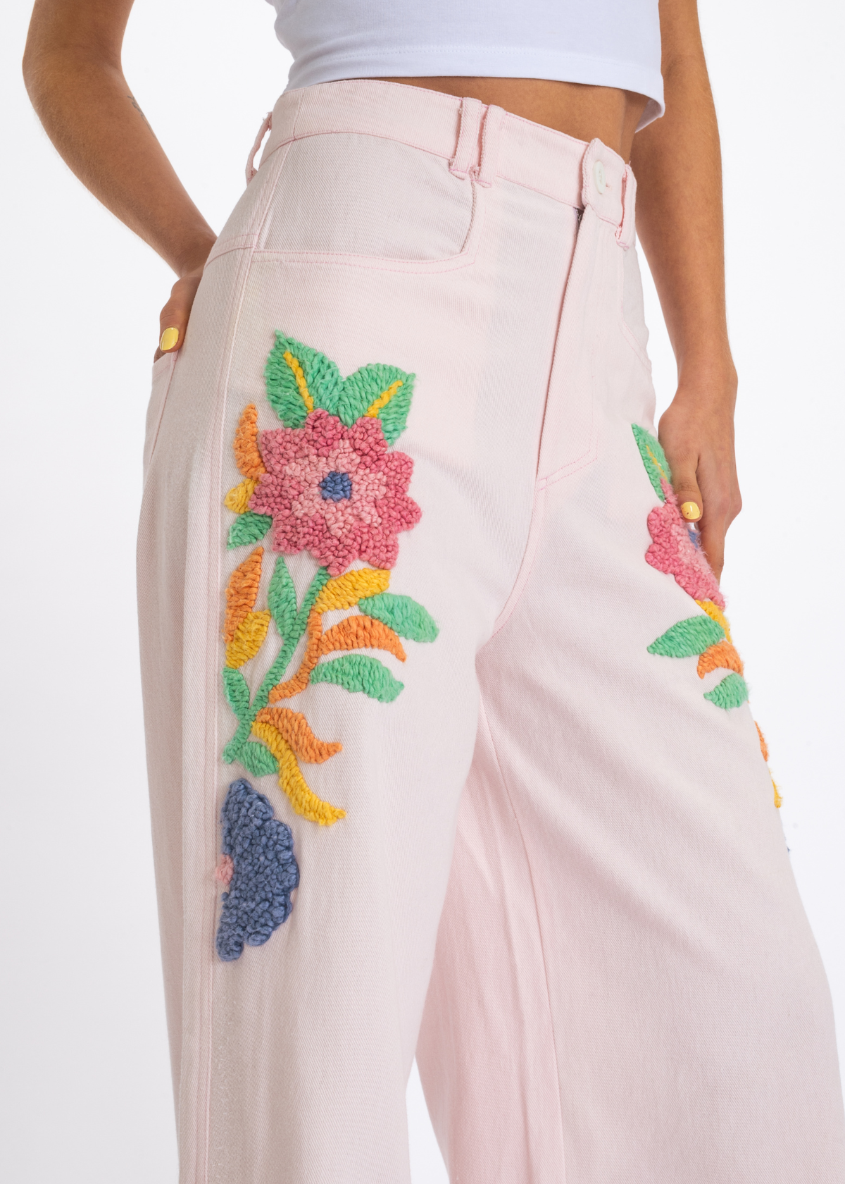 pantalon v de vinster rose brodé