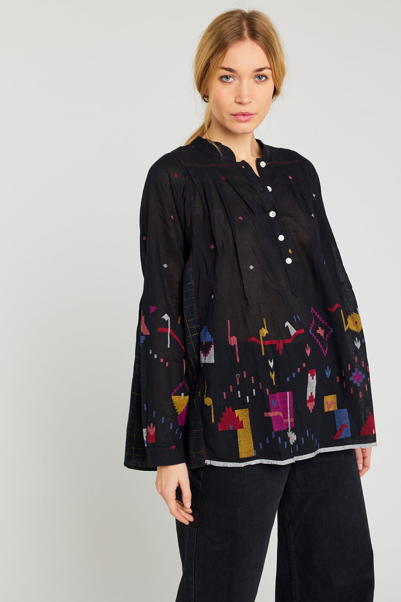 CHEER black ikat print blouse