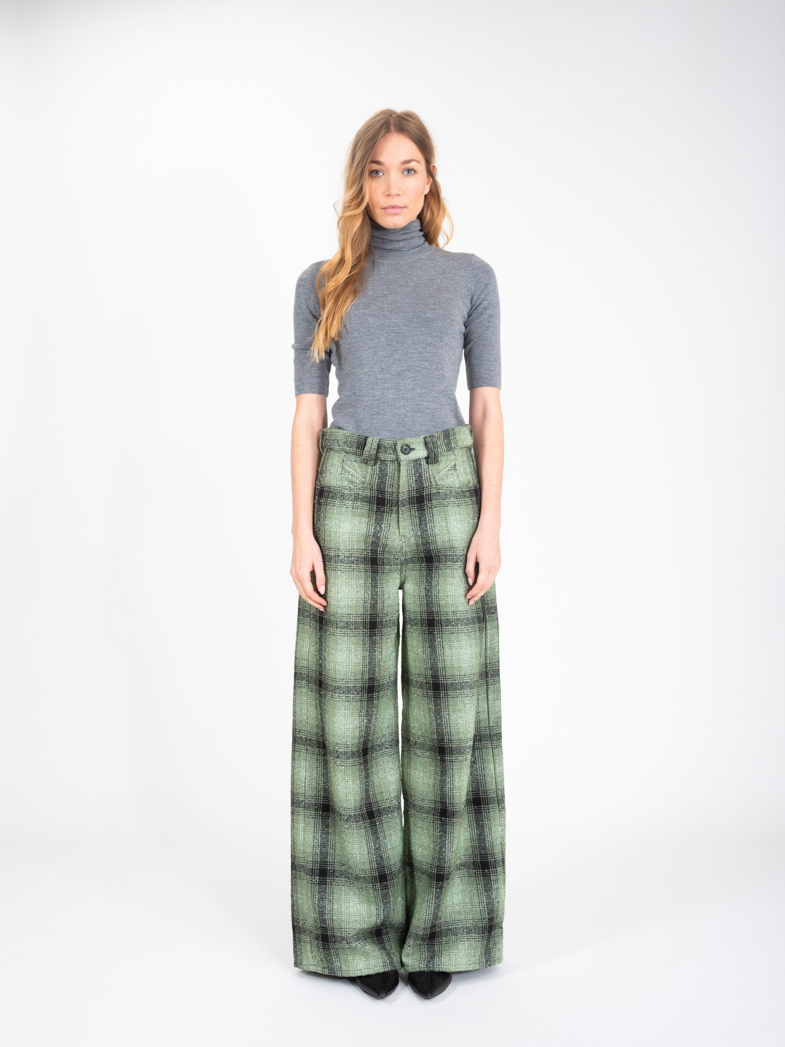 Pantalon en tweed à carreaux vert Free