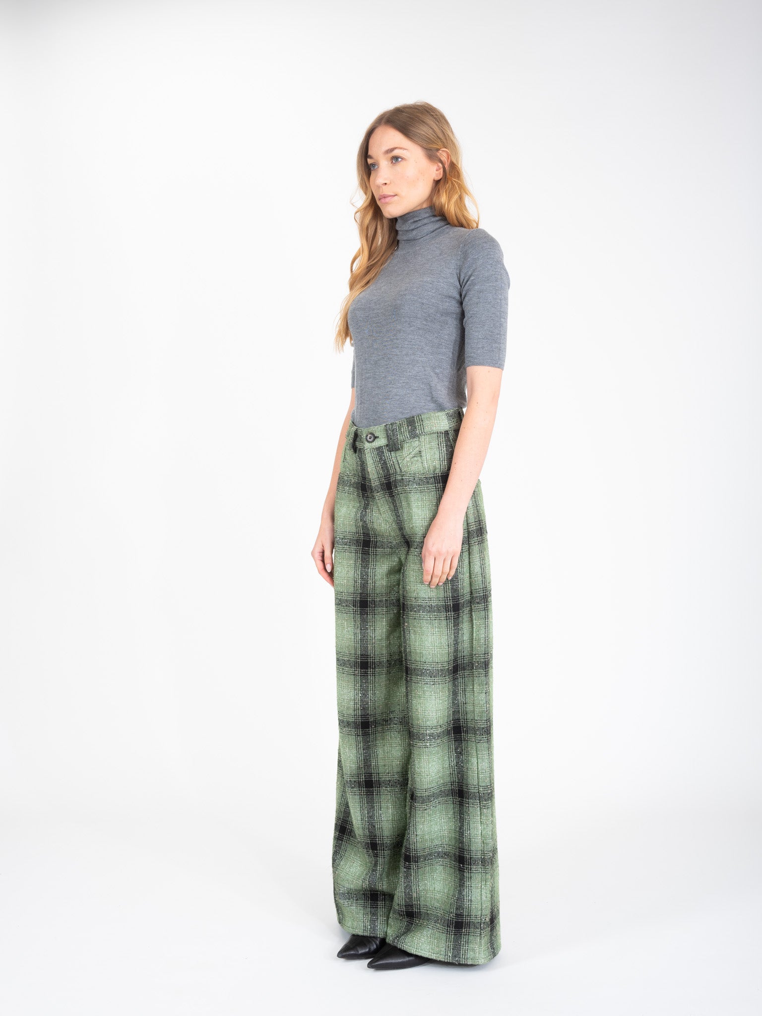 Pantalon en tweed à carreaux vert FREE