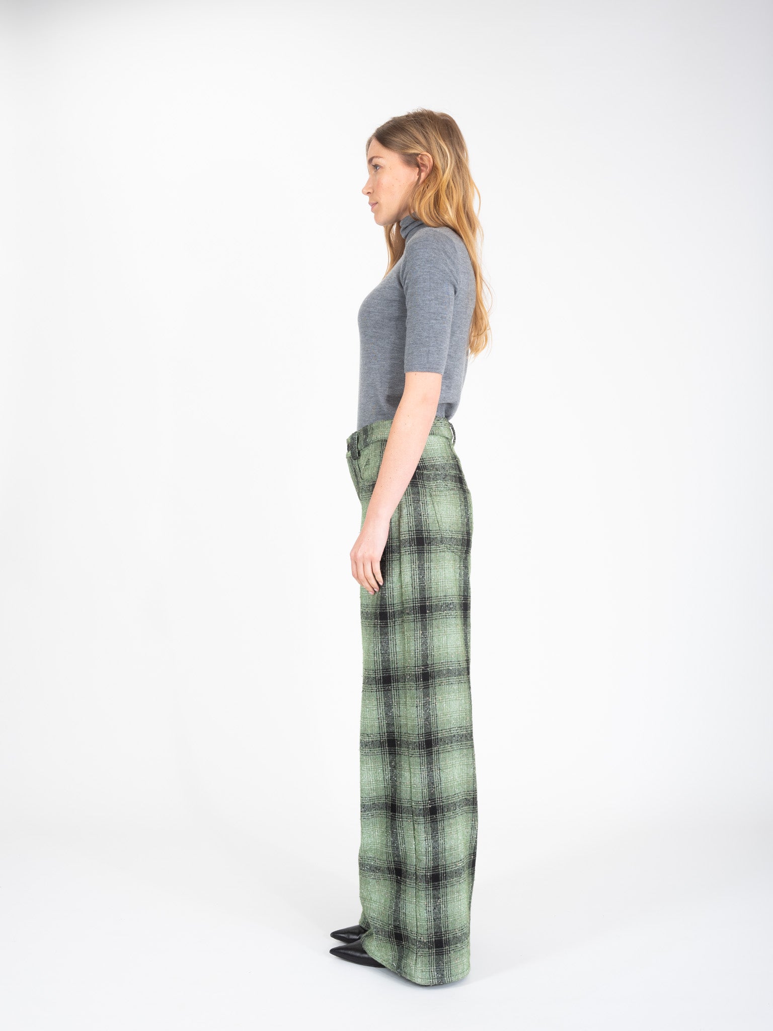 Pantalon en tweed à carreaux vert FREE