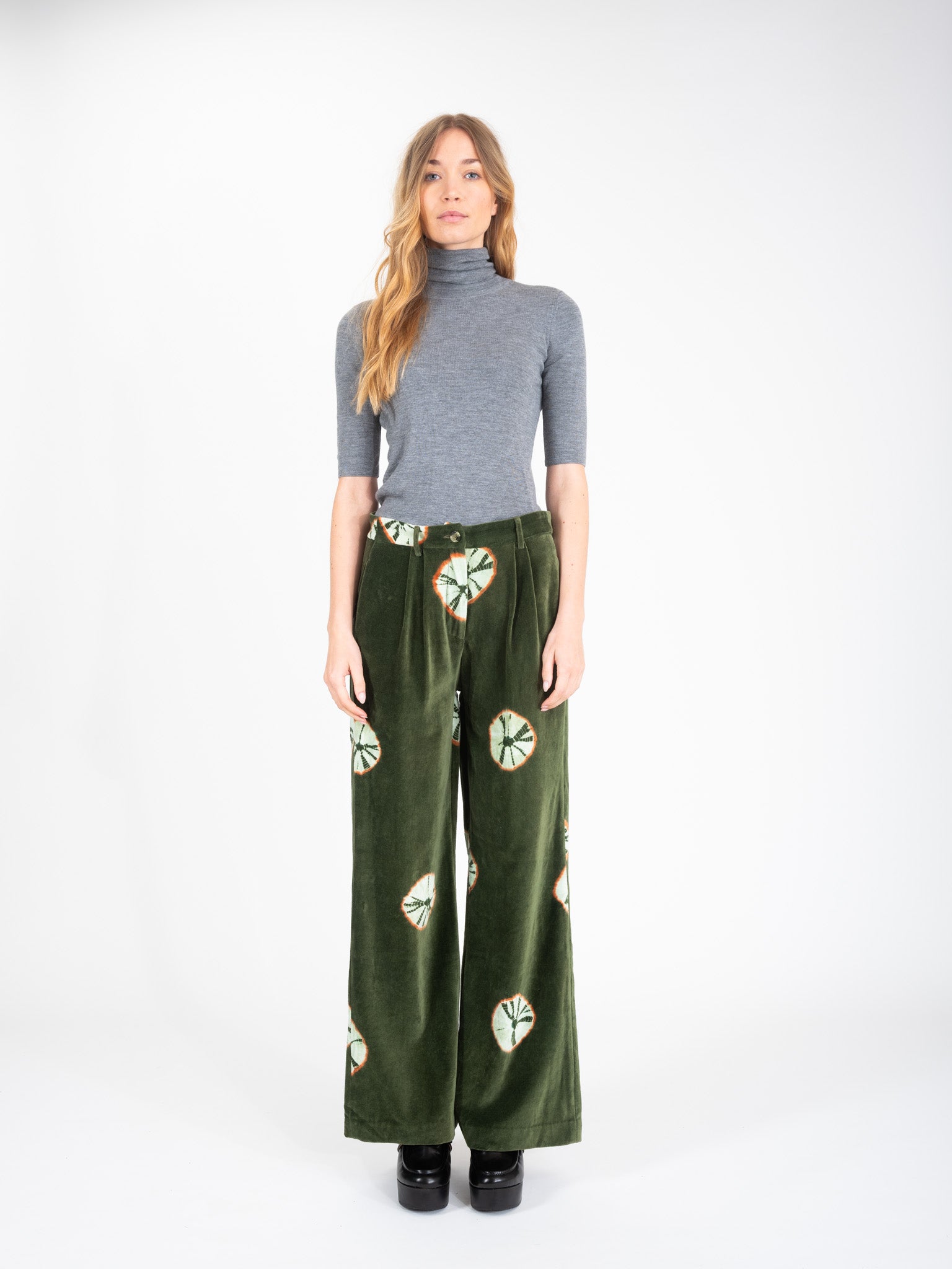 Ikat Charm print khaki velvet pants