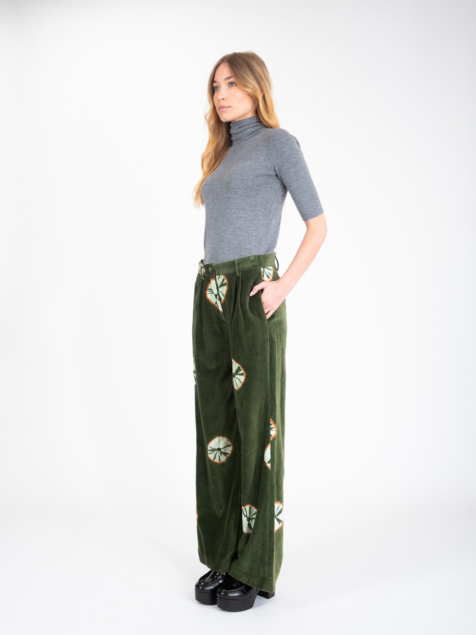 Ikat Charm print khaki velvet pants