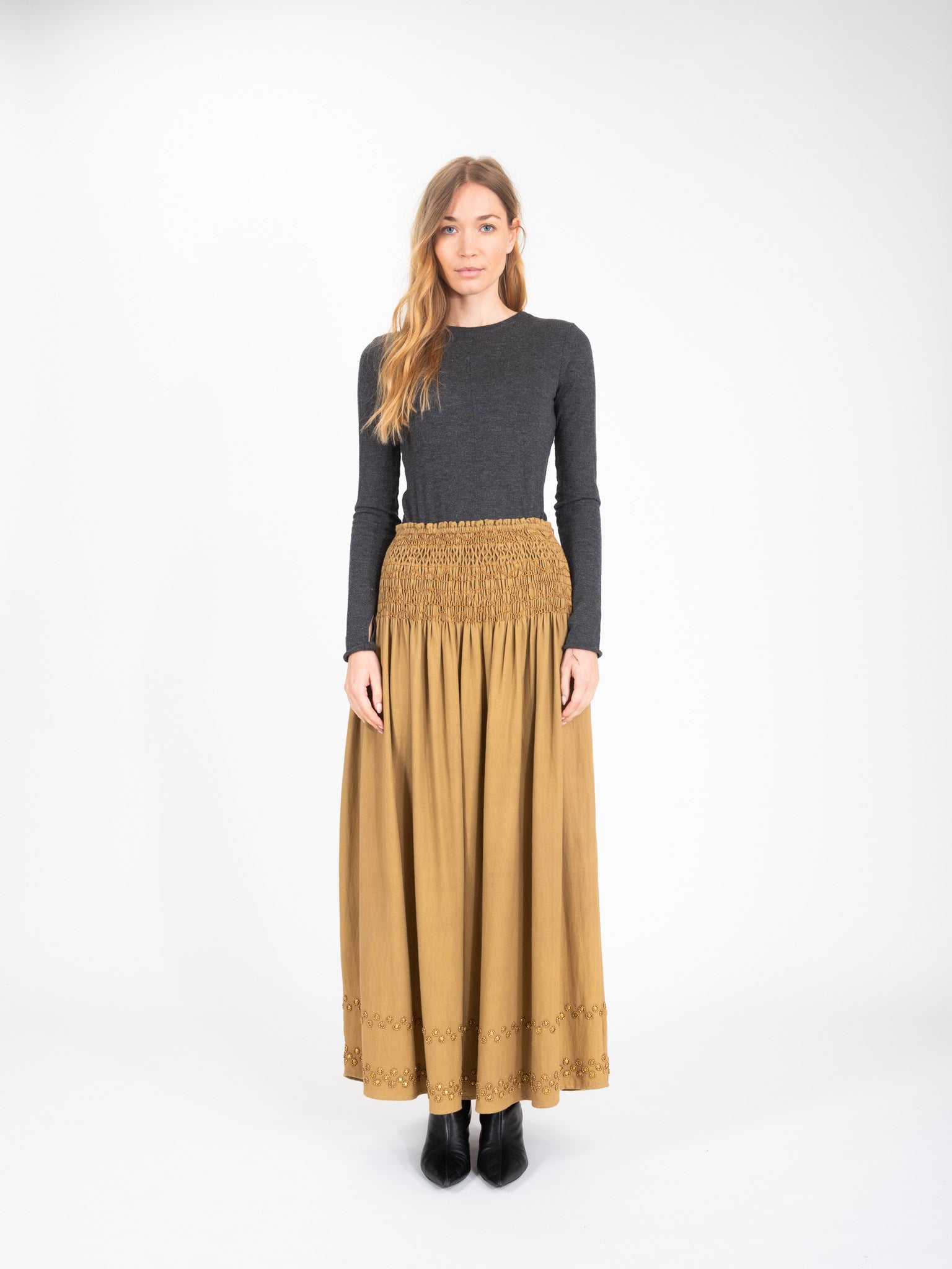 Long camel skirt with gold Bling sequins