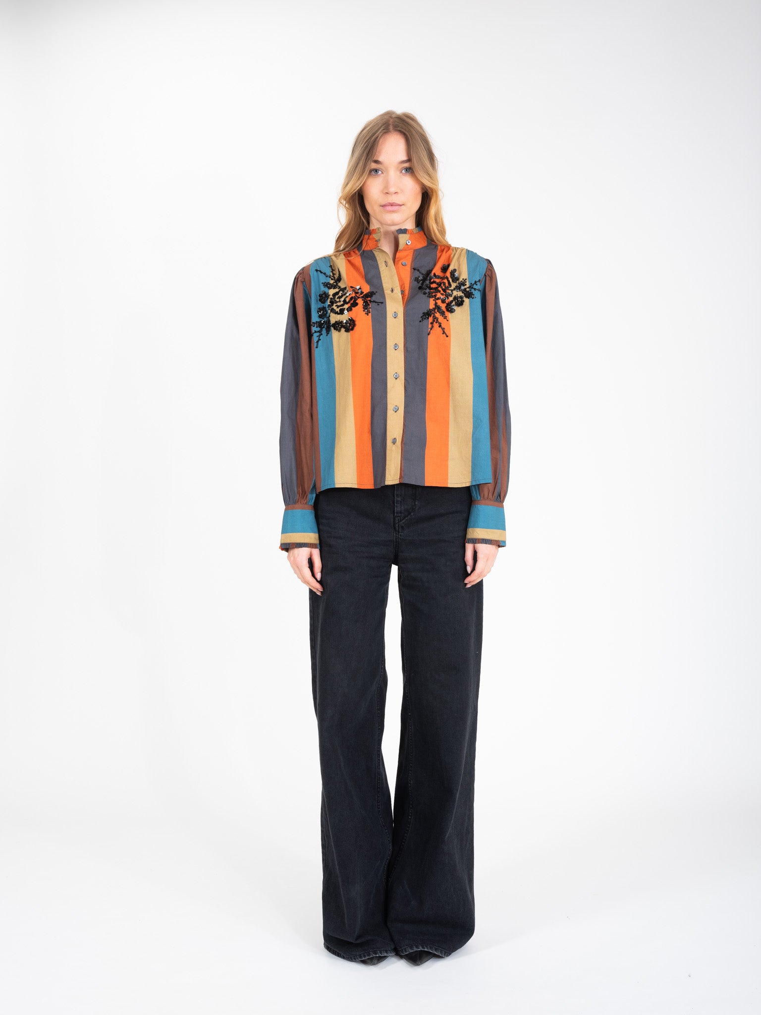 HAPPY Orange Striped Beaded Shirt