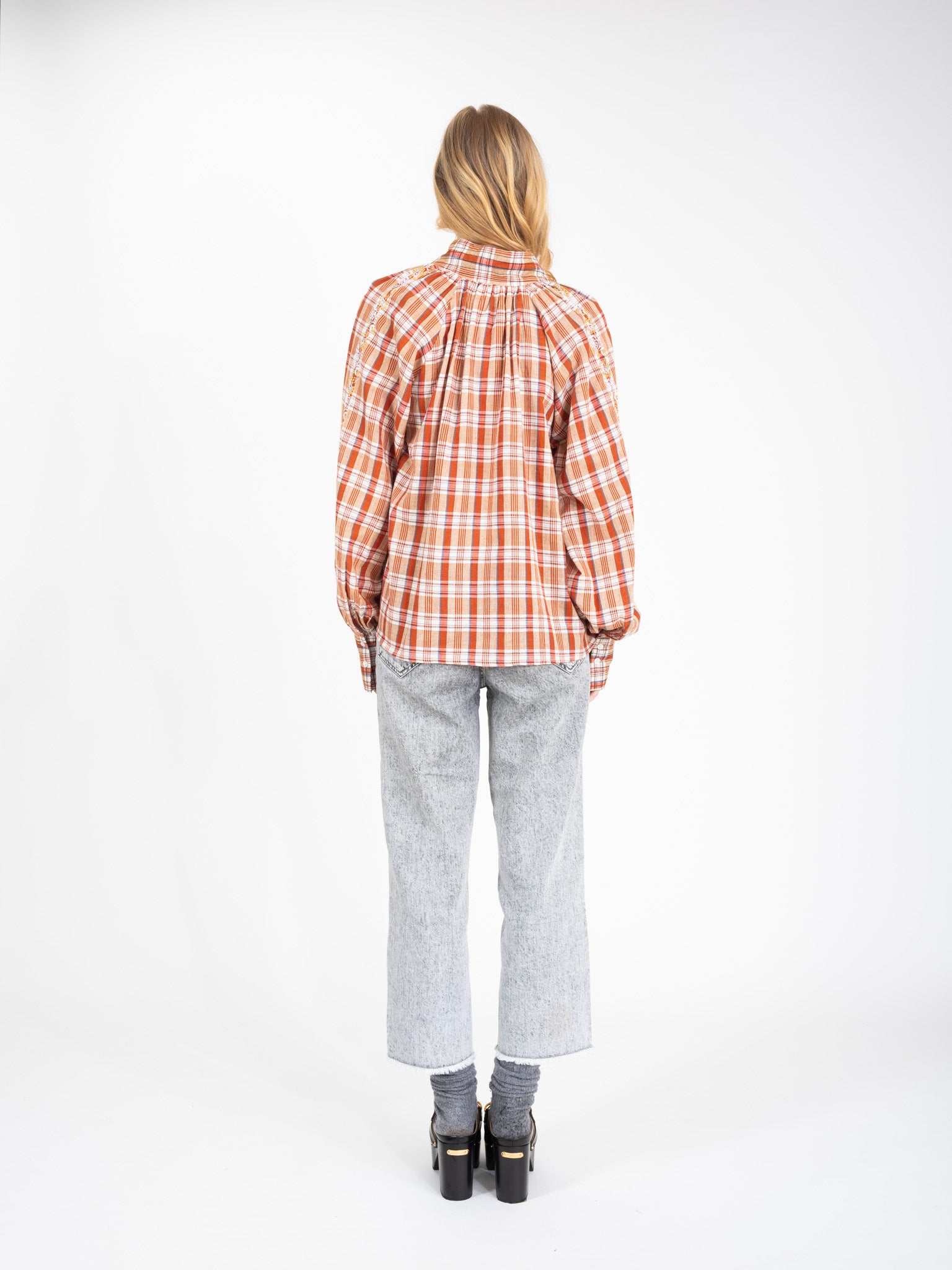 SURPRISE embroidered brick and camel tartan blouse