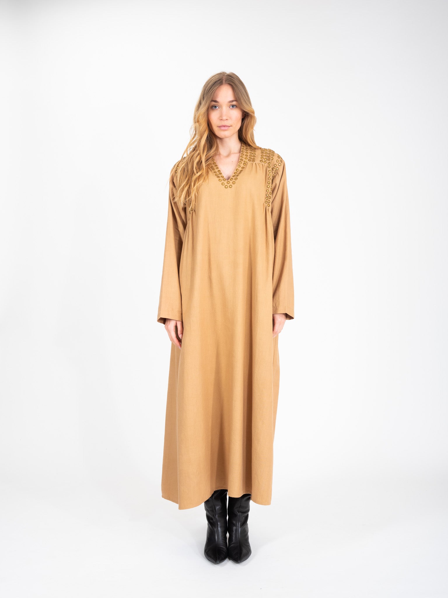 Camel dress decorated with gold BLING sequins