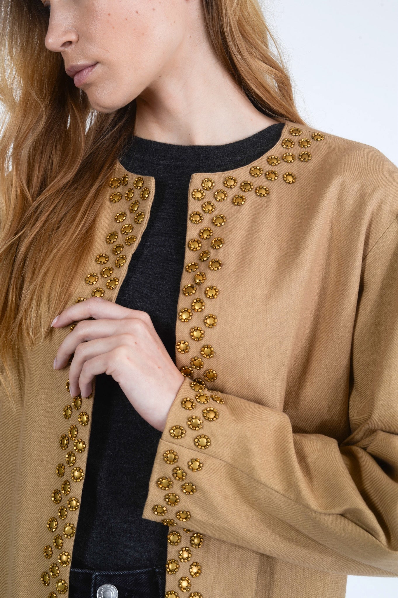 Camel jacket decorated with gold Bling sequins