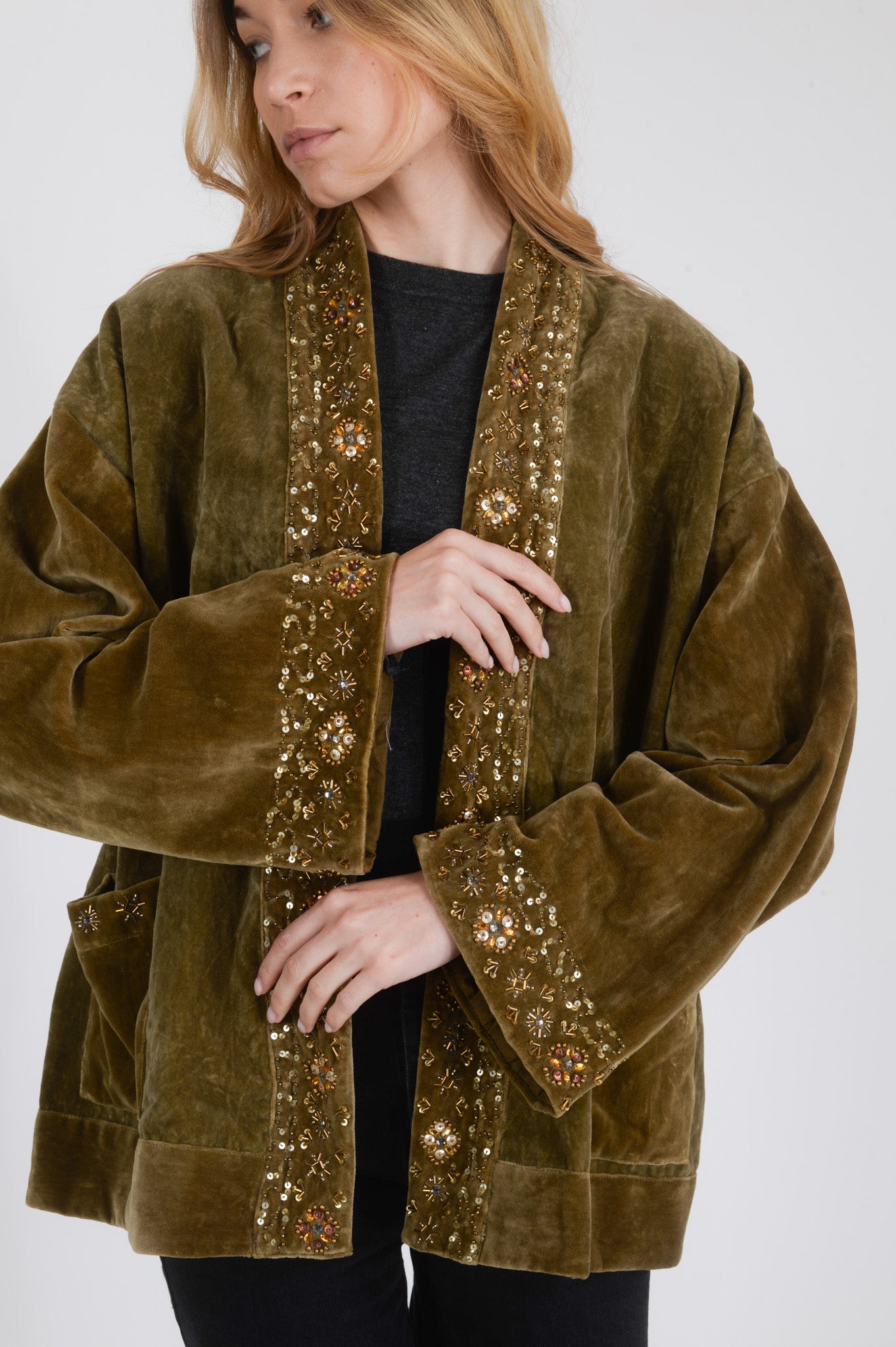 PROUD Pearl-Embellished Khaki Velvet Jacket