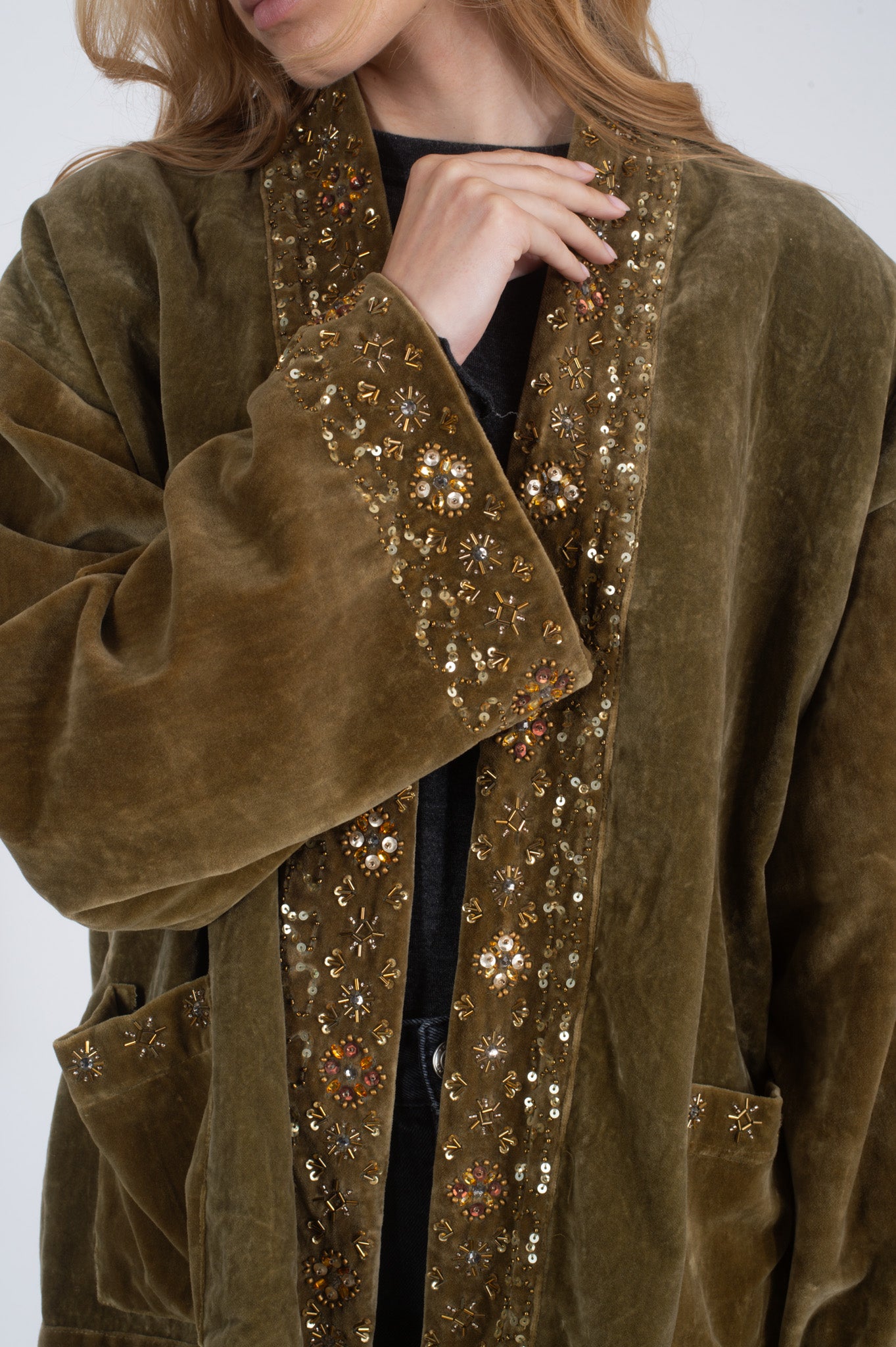 PROUD Pearl-Embellished Khaki Velvet Jacket