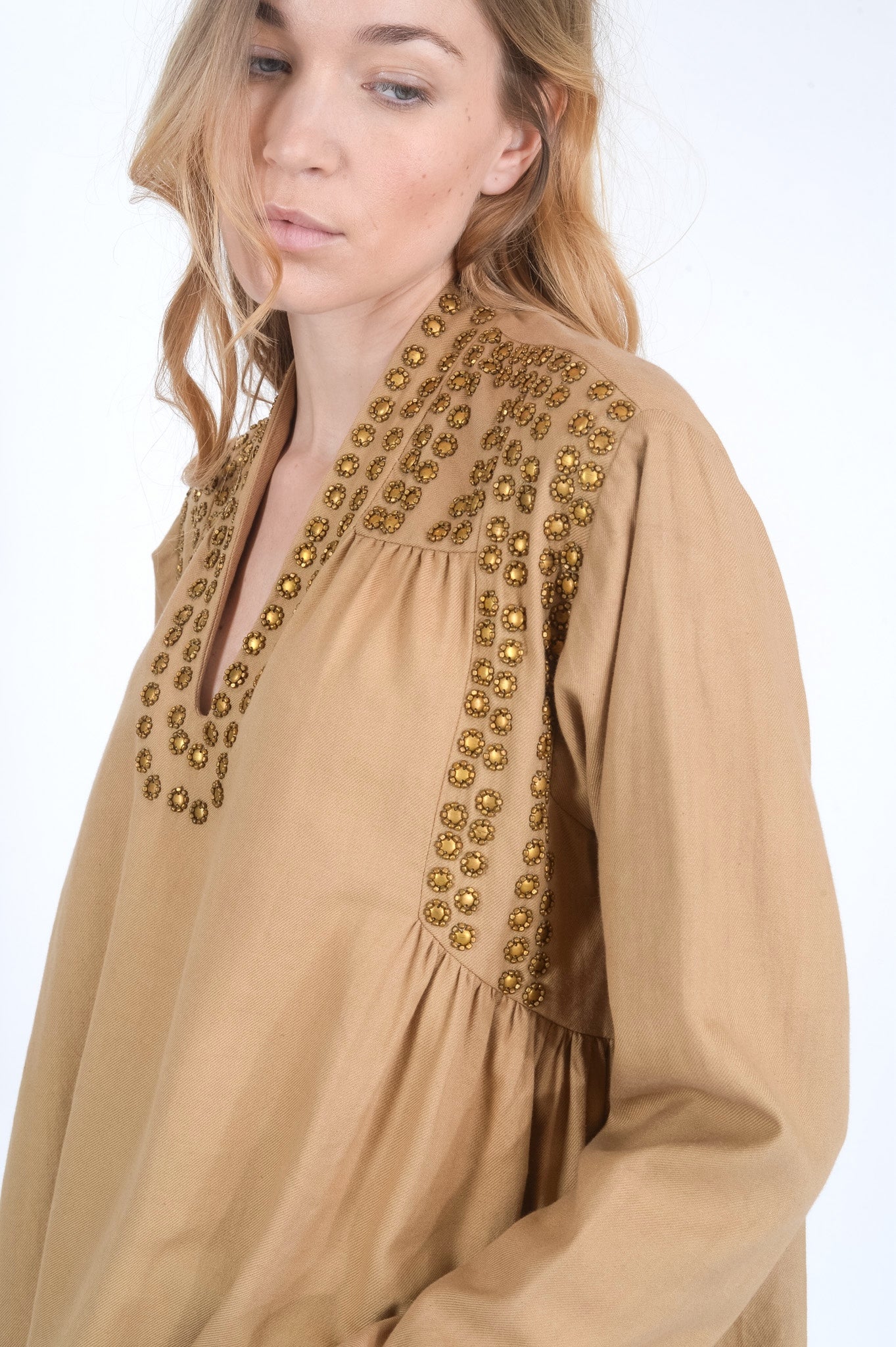 Camel dress decorated with gold BLING sequins