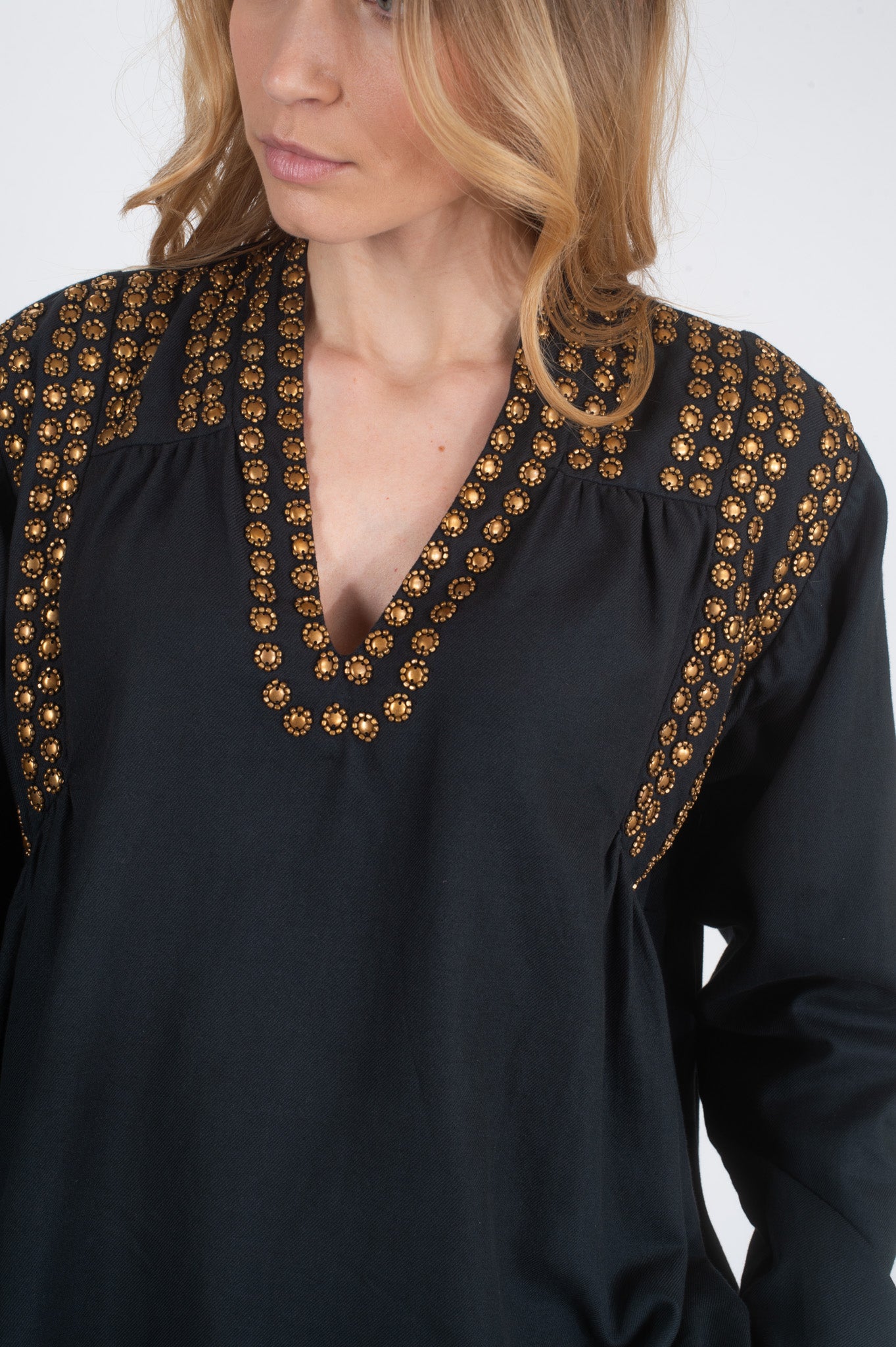 Black blouse decorated with BLING gold sequins