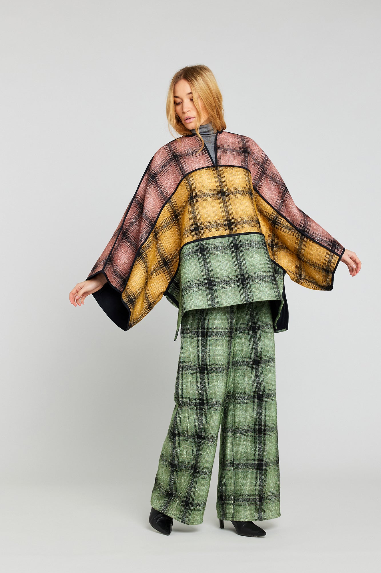 Free Checkered Tweed Poncho Kimono