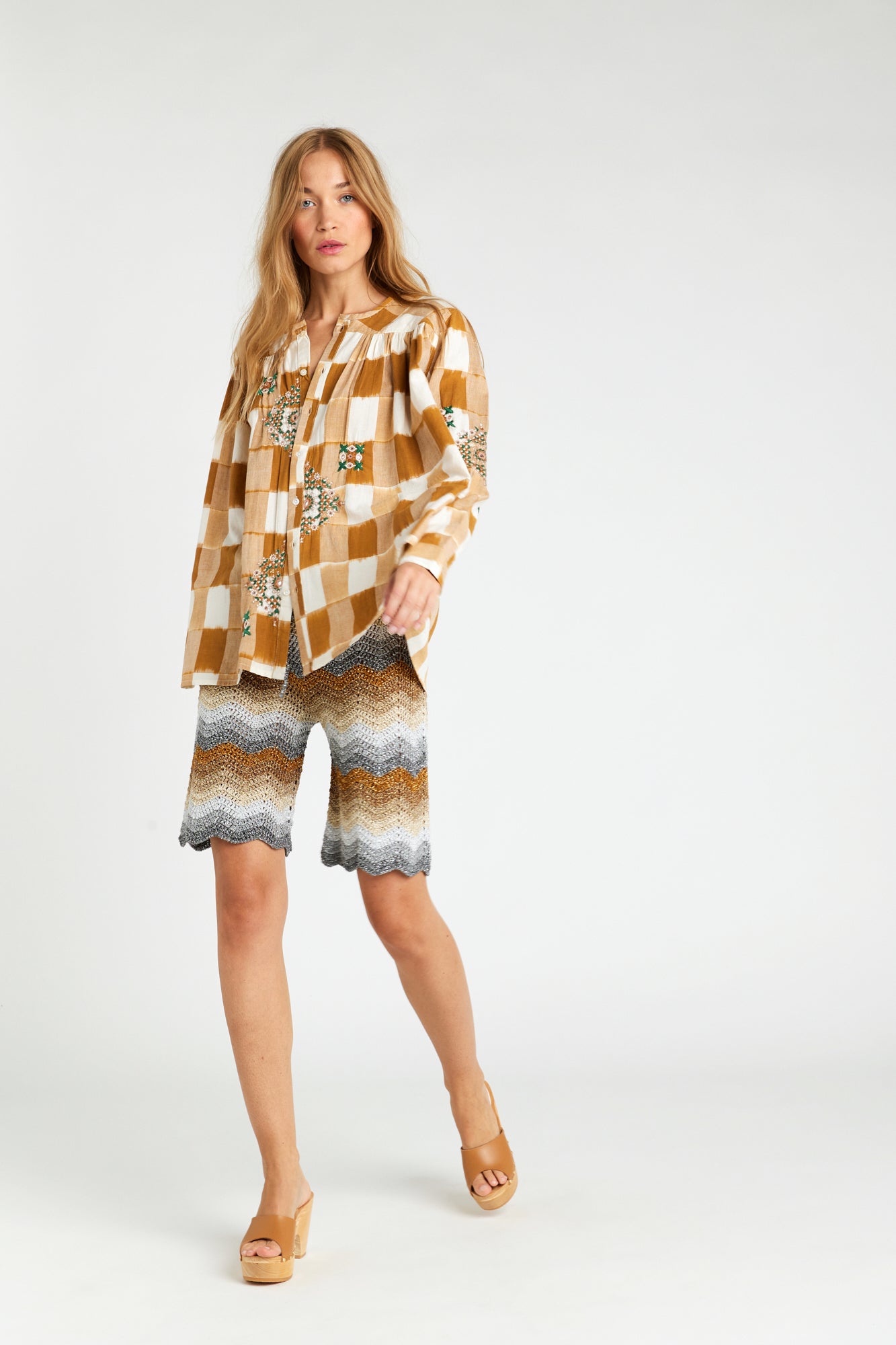 Inji Ikat Embroidered Maroon Beige Tie and Dye Checkered Blouse 