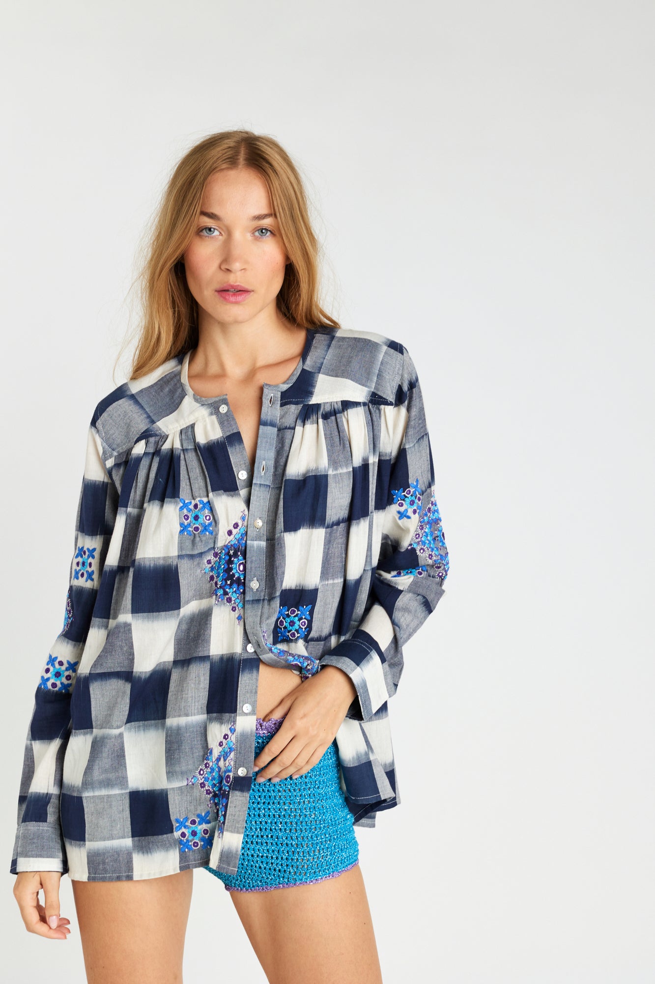 Inji Ikat Embroidered Indigo Tie and Dye Checkered Blouse 